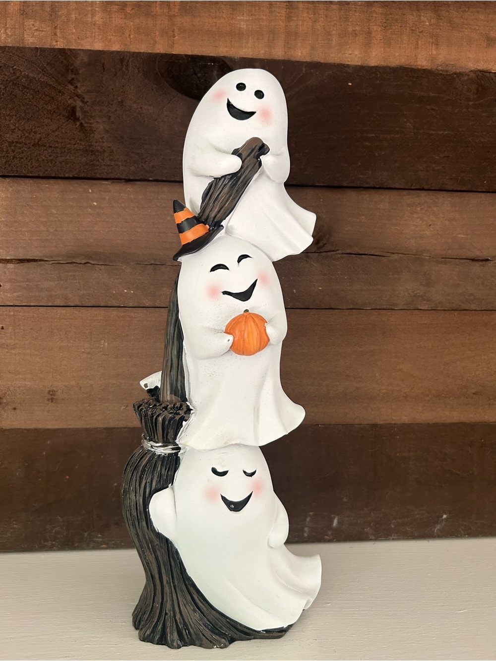 Stacked Ghost Halloween Figurine with Pumpkin